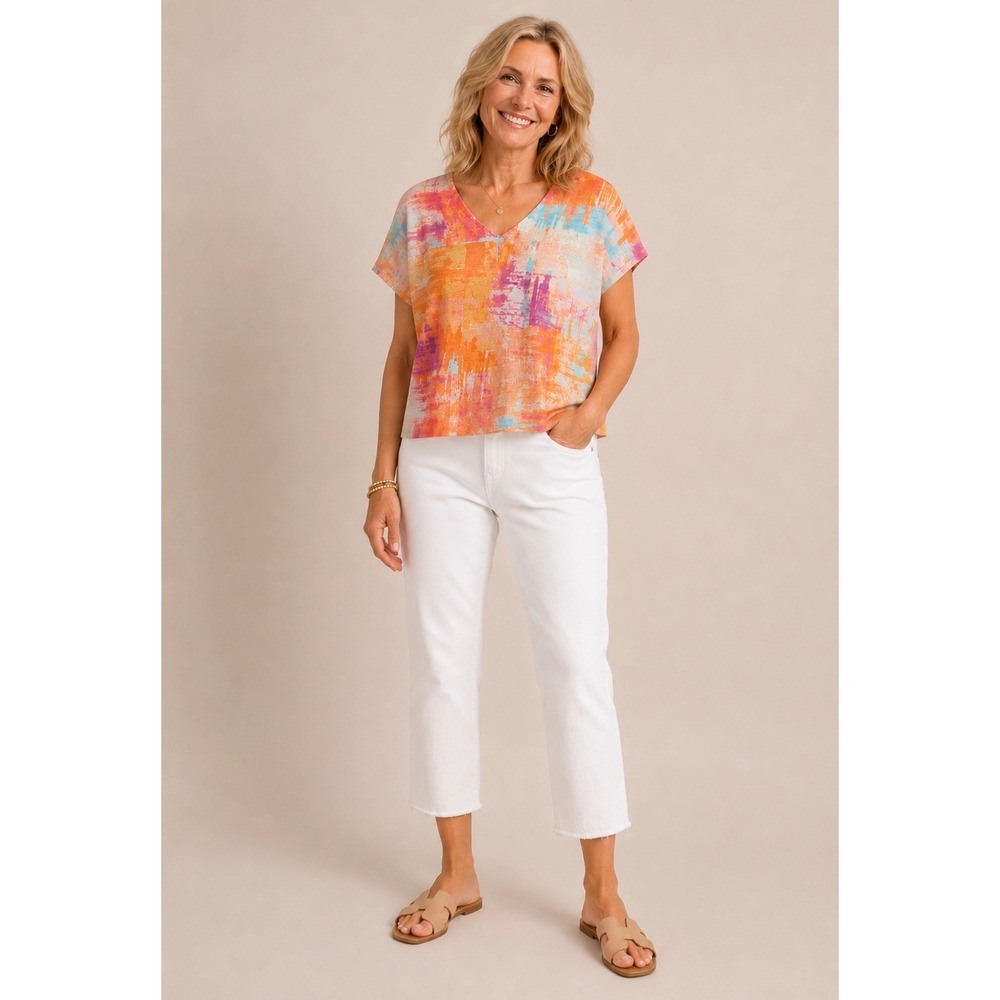 Chicos VNeck Short Sleeve Abstract Brushstroke Print Knit Top Orange Pink Size 1